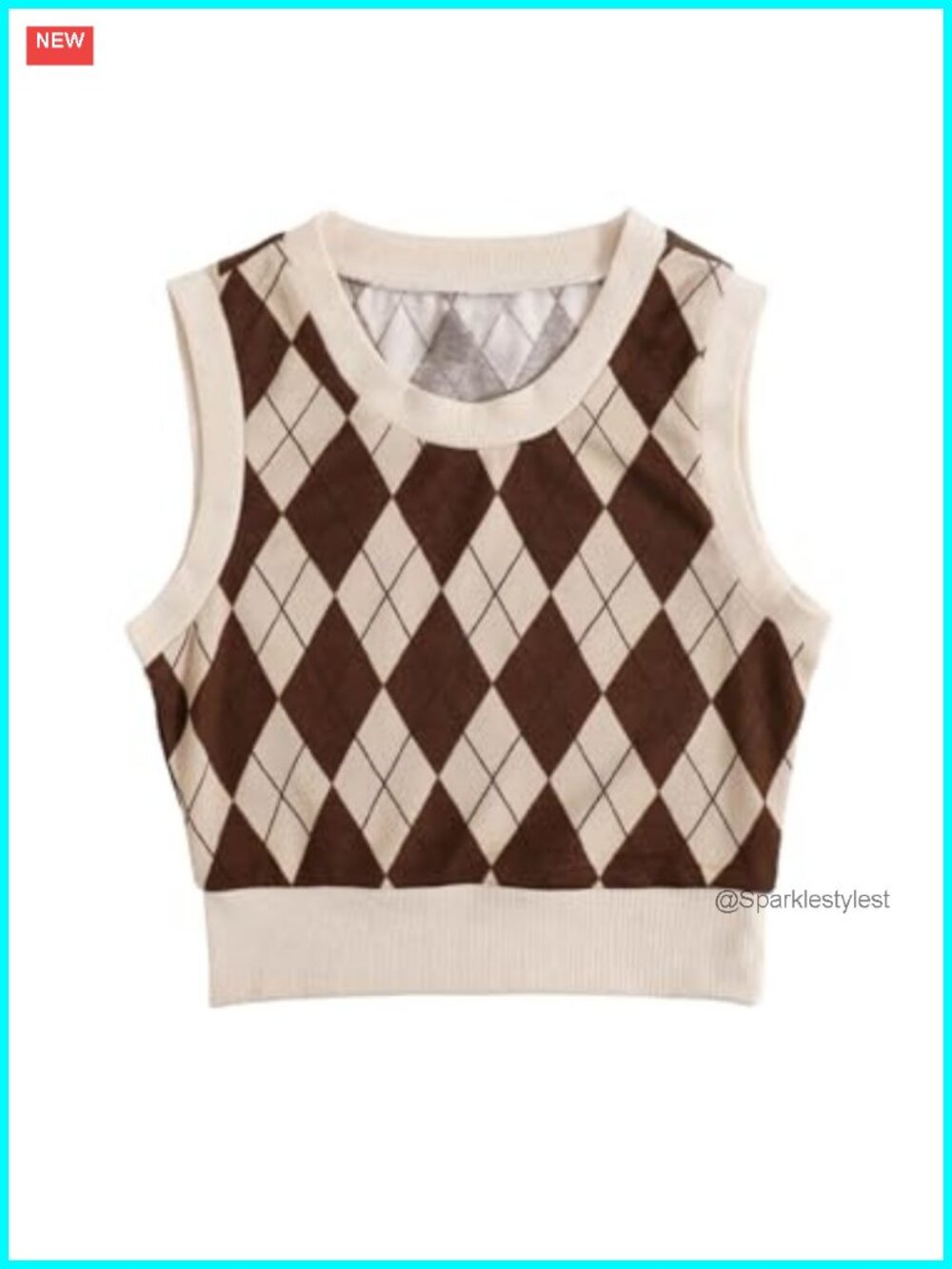 Sleeveless Argyle Plaid Sweater Vest Crew Neck Preppy Knit Crop Tank Top